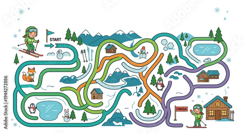 A colorful ski trail maze with winter scenery and playful characters
