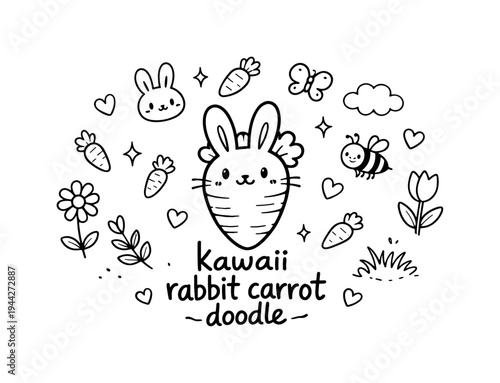 kawaii rabbit carrot doodle. Hand-drawn doodle illustration of kawaii rabbit carrot doodle. In the middle, one
