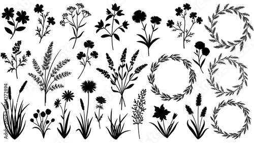 Various black floral illustrations and wreaths on white background