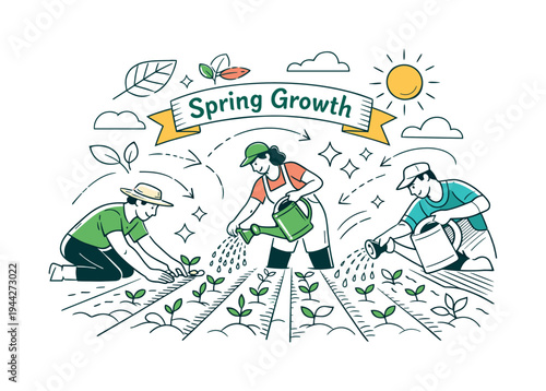 Seasonal Crop Planting. Farmers working together to plant young crops in long geometric rows, watering cans