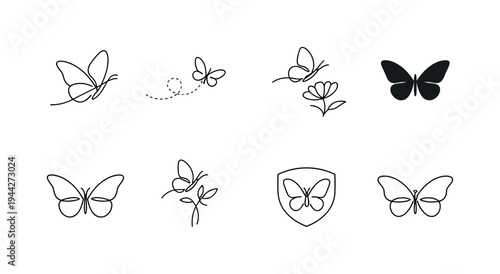 "Flying Butterfly Icons". Minimalistic set one-line drawing butterfly wings spread wide, butterfly angled