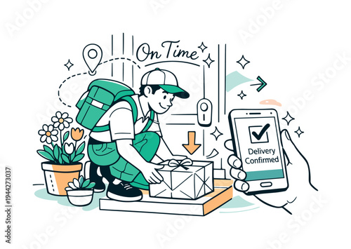 Neighborhood Parcel Drop-Off. A courier placing a neatly wrapped package by a doorstep surrounded by potted