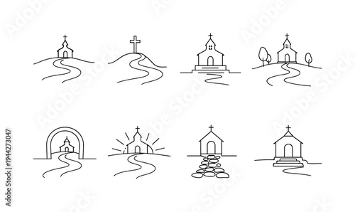 Path to Church. "Path to Church". Minimalistic set one-line drawing winding path leading to church, small