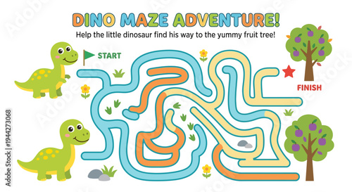 A colorful maze adventure featuring a cute dinosaur seeking fruit