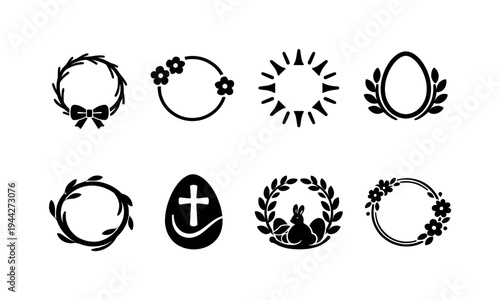 One stroke easter wreath collection. Filled icon set of One stroke easter wreath collection: continuous twig