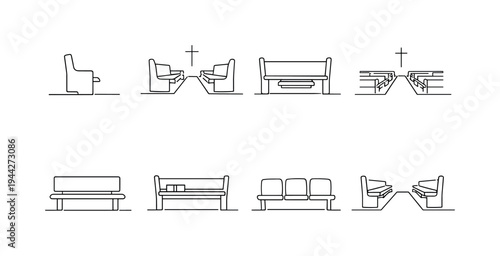 "Chapel Bench Set". Minimalistic set one-line drawing pew front profile, pair of pews facing aisle, pew with