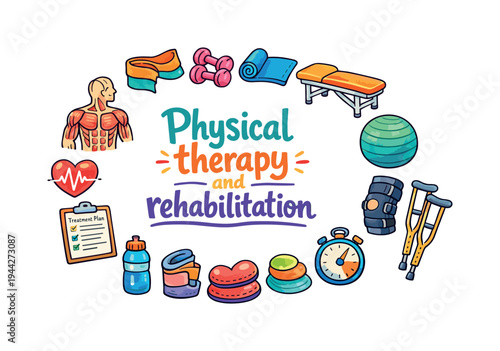 Physical therapy and rehabilitation. Hand drawn illustration of Physical therapy and rehabilitation. therapy