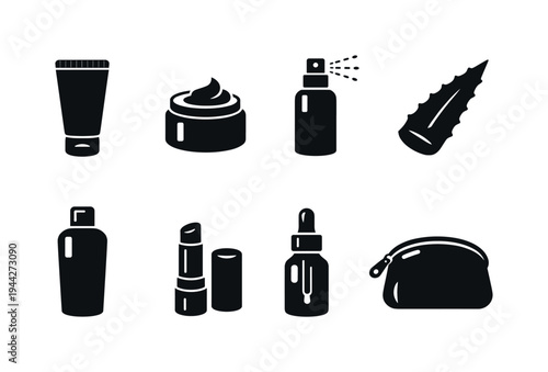 Summer Skincare. Filled icon set of Summer Skincare: sunscreen tube, face cream jar, spray bottle, aloe vera