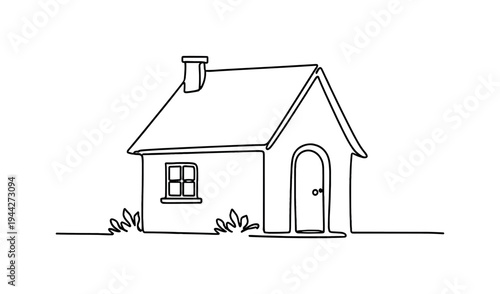 "Country Cottage". Minimalistic one-line drawing charming house with sloped roof, small window, and subtle