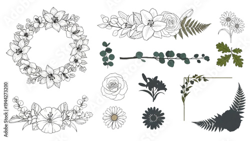 Various flowers and leaves are illustrated in black and white on a white background.
