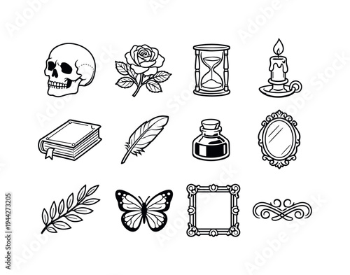 Vanitas still life engraving. Line outline icon set of Vanitas still life engraving: skull, blooming flower,