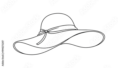 "Beach Hat Outline". Minimalistic one-line drawing elegant floppy sun hat with subtle ribbon band detail,