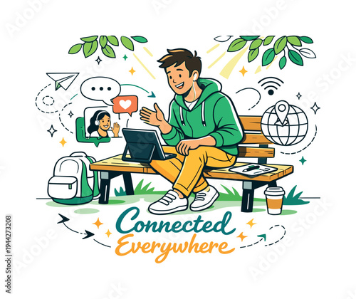 Digital Nomad Connection. Digital Nomad Spring Call. A professional sitting on a park bench with a tablet