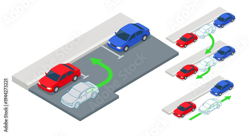 Isometric illustration of cars maneuvering in a parking lot with directional arrows