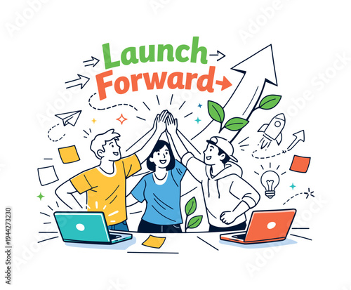 Motivation Startup. A small team high-fiving in a bright workspace as a large upward arrow grows behind them