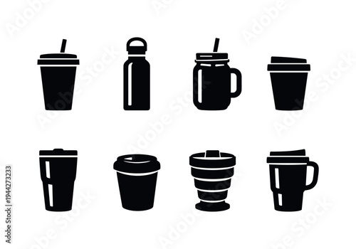 Eco Drinkware Icons. Eco Drinkware. Filled icon set of Eco Drinkware: reusable cup, stainless steel bottle,