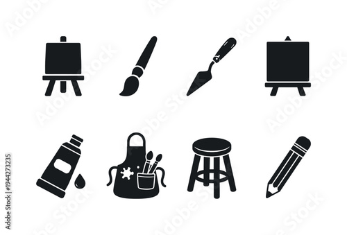 Artist Tools Set. Filled icon set of Artist Tools Set: easel, paintbrush, palette knife, canvas, paint tube,