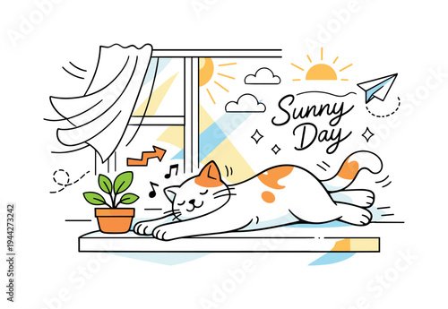 Cat in Sun Window. A relaxed cat stretching lazily on a sunny windowsill, warm rays forming soft geometric