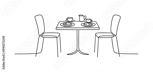 "Cafe Brunch Setup". Minimalistic one-line drawing small square table with two plates, cups, and simple chair