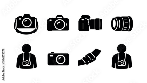 Camera Hanging Neck. Filled icon set of Camera Hanging Neck: camera with neck strap, DSLR camera front view,