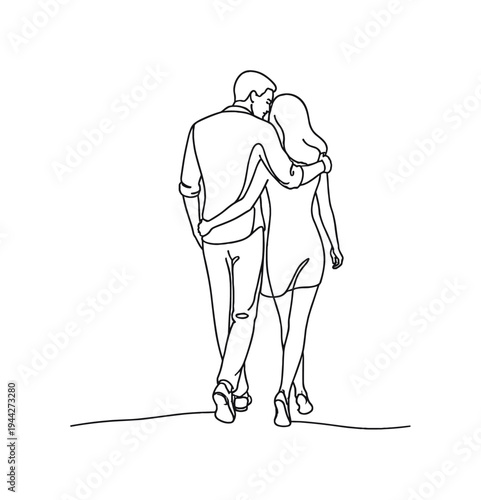 "Romantic Stroll". Minimalistic one-line drawing pair walking closely together with subtle ground line and