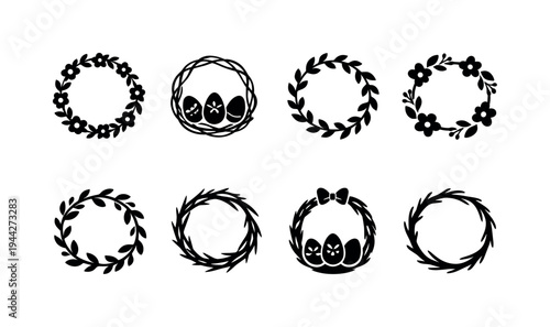 Single line easter wreath. Filled icon set of Single line easter wreath: continuous floral wreath circle, one