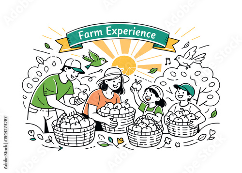 Family Farm Day. Parents and children collecting apples together in a blooming orchard, woven baskets filling