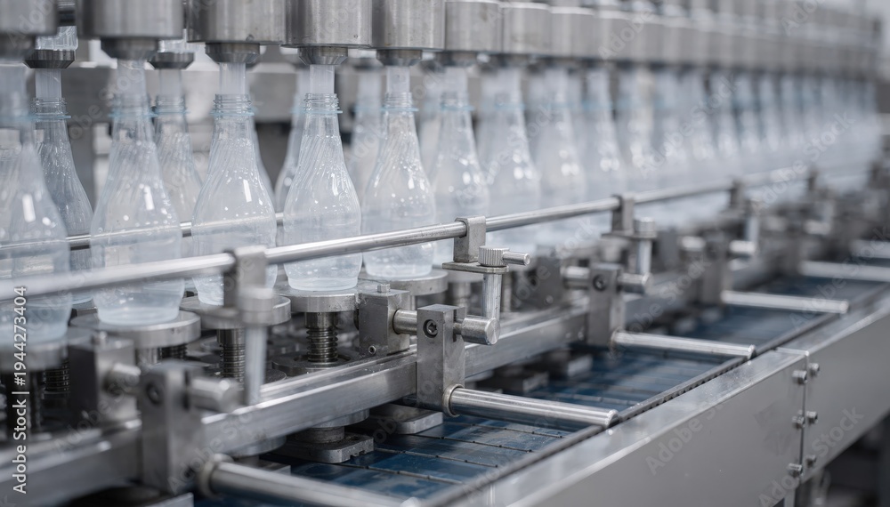 Obraz premium Medium shot of small translucent bottles being formed by parison inflation in precise bottle molds on an automated conveyor system in a hightech factory setting. Medium shot