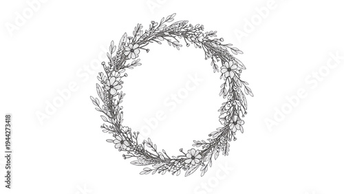 A delicate floral wreath made of leaves and branches is depicted in a circular arrangement on a plain surface.