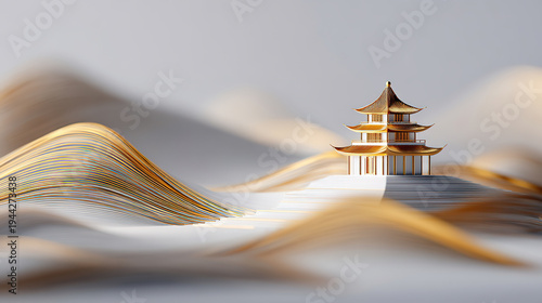 Chinese-style gilded landscape pavilion art illustration