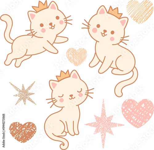 Kawaii princess cat sticker set. Cute beige kitten