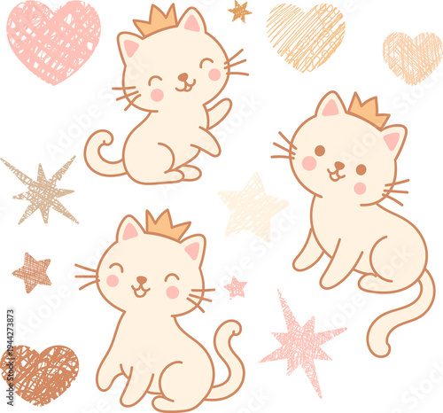 Kawaii princess cat sticker set. Cute beige kitten characters with golden crowns, hearts, and stars.