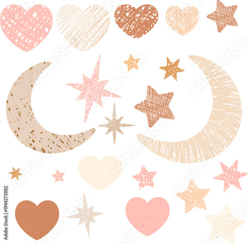 Hearts, and stars. This pastel nursery illustration collection for digital planners and scrapbooking.