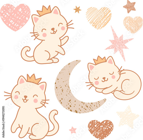 Kawaii princess cat sticker set. Cute beige kitten characters with golden crowns, hearts, and stars. nursery illustration collection includes adorable pets for digital planners and scrapbooking.