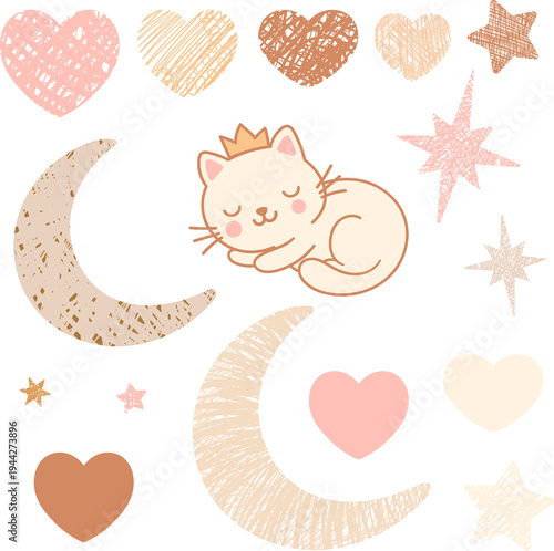 Kawaii princess cat sticker set. Cute beige kitten characters with golden crowns, hearts, and stars.