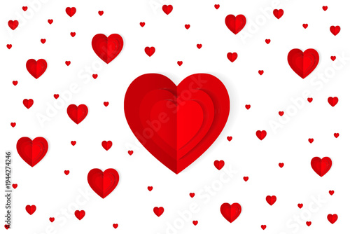 Red origami paper hearts collage isolated on transparent background. Valentines day concept. Love, feelings, tenderness design. Vector PNG