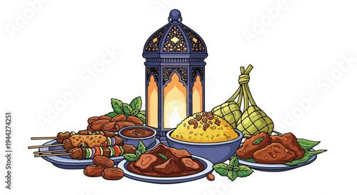 Traditional Middle Eastern Lantern and Cuisine Display.