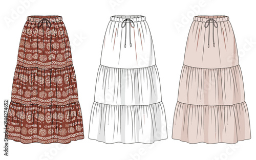 Three different colored skirts with ruffles and drawstrings  fashion illustration