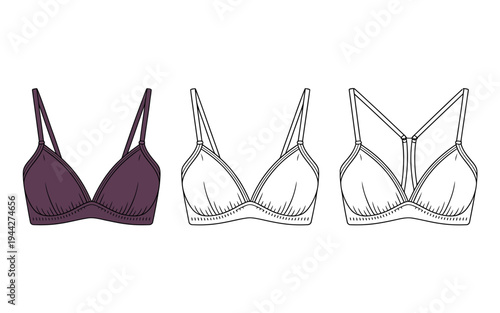 Three different style bras for women in purple and line art isolated on white