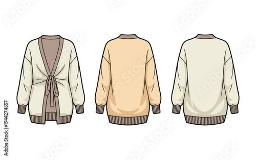 Three different views of a cardigan sweater in various neutral colors
