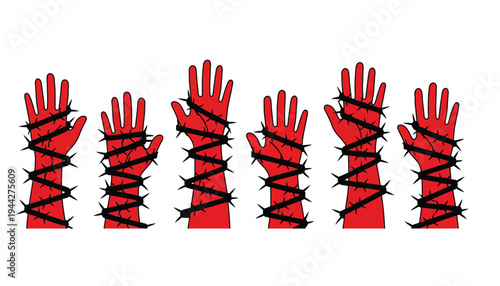 Hand wrapped with barbed wire in a symbolic gesture of protest or oppression