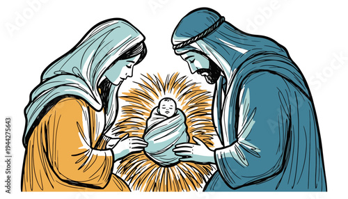 Holy family illustration with baby Jesus and parents in traditional robes