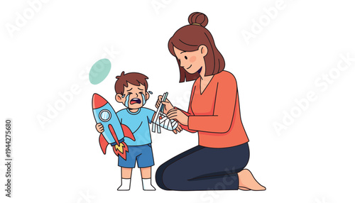 A crying boy with a toy rocket and a woman holding a broken toy airplane