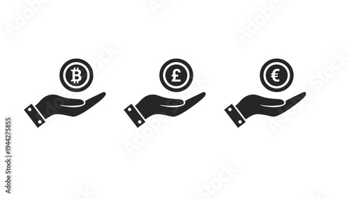 A hand holding cryptocurrency and currency icons in a simple illustration