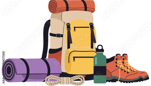 A camping backpack vector illustration with hiking gear and accessories
