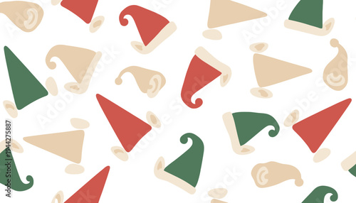 A festive Christmas hat pattern with colorful elf hats and beards