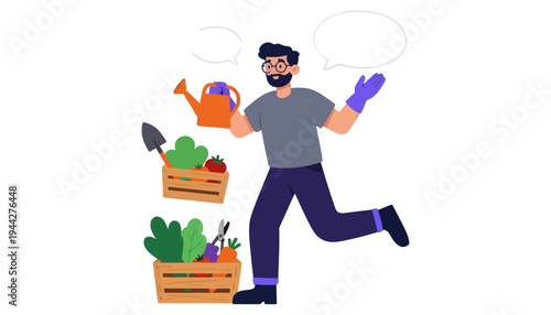 Gardener cartoon character holding watering can and talking with speech bubbles