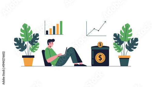 A man sitting with laptop and money box with graphs and plants around him