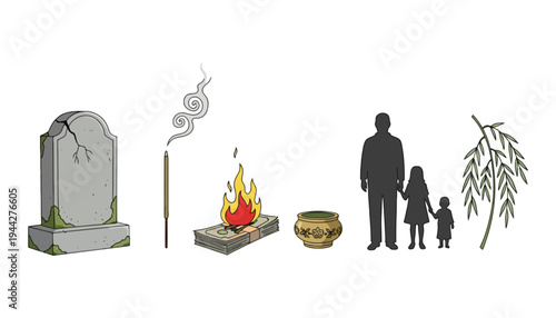 A family silhouette stands near a grave with incense and fire