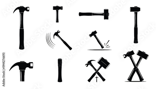 A set of hammer icons in black silhouette on white background